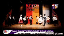 a group of people are dancing on a stage with the words gala ballet folklorico de la umsa on the bottom