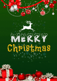 a merry christmas greeting card with a reindeer and gifts