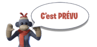 a stuffed monkey with a scarf and a speech bubble that says c'est prévu