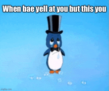 a sad penguin wearing a top hat and bow tie is crying while standing in the snow .