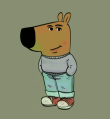 a cartoon drawing of a brown bear wearing a sweater and jeans