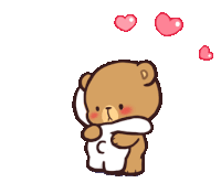 a teddy bear is hugging another teddy bear with hearts coming out of its head .