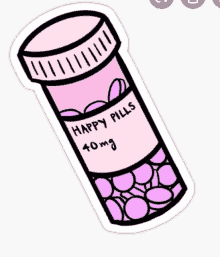 a pink bottle of happy pills 40mg on a white background