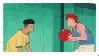 two basketball players are standing next to each other in a gym .