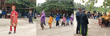 a group of people are standing and walking in a row