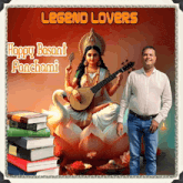 a man stands in front of a painting of a woman holding a guitar and the words legend lovers written above him