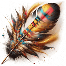 a colorful feather on a white background with gold sparkles