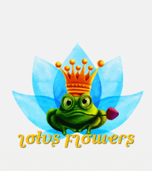 a logo for lotus flowers with a frog wearing a gold crown