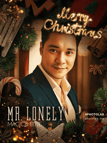 a christmas card with a man in a suit and the name mr. lonely