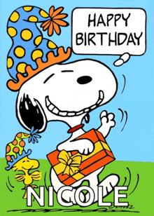 snoopy is wearing a party hat and holding a gift box and says " happy birthday nicole "