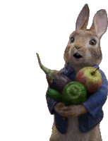 a rabbit in a blue jacket is holding apples and peppers