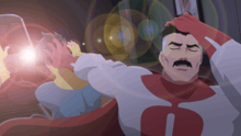 a man in a white and red superhero costume with the letter m on the chest