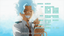 a man with blue hair is smiling in front of a list of names in chinese
