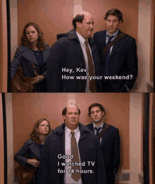 a group of people are in an elevator and one of them says " hey, kevin how was your weekend "