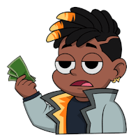 a cartoon character holding a stack of money