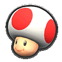 a mushroom with a red polka dot on it is smiling and looking at the camera .