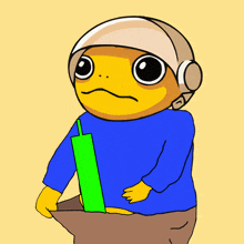 a cartoon character wearing a helmet and headphones is holding a green bag