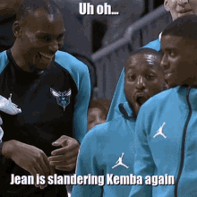 a group of basketball players with a caption that says jean is slandering kemba again