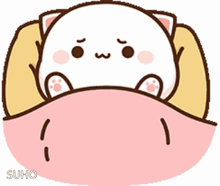 a cartoon cat is laying in bed with a pink blanket and pillows .