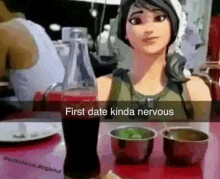 a cartoon girl is sitting at a table with a bottle of soda and cups of food .