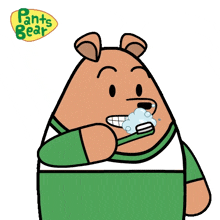 a cartoon of a bear brushing his teeth with the words pants bear behind him