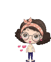 a cartoon girl wearing glasses and a headband blowing hearts