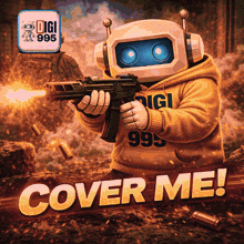 a robot holding a gun with the words cover me below it