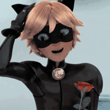 a cartoon character is wearing a cat suit and holding a rose in his hand .