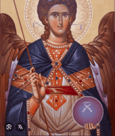a painting of a man with wings holding a sword and a sphere with a cross on it