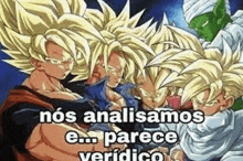 a group of dragon ball z characters are standing next to each other with the words `` nos analizamos e ... parece verdadeiro '' .