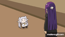 a cartoon of a woman with purple hair standing next to a small elf girl