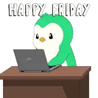 a penguin is sitting at a desk using a laptop and the words happy friday are above it