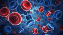 a computer generated image of red and blue blood cells on a blue background