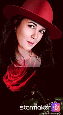 a woman wearing a red hat and a red rose is featured on a starmaker app