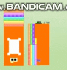 a cartoon drawing of two orange boxes with a rainbow stripe on them