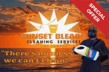 an advertisement for sunset bleach cleaning services shows a man wearing a gas mask holding a bottle of clorox