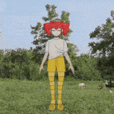 a drawing of a girl with red hair and yellow shorts