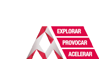 a red and white logo with the words explorar provocar acelerar on it