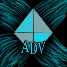 a blue and white triangle with the word adv on it .