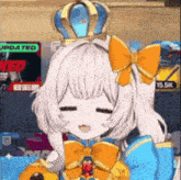 a cartoon girl with a crown on her head and a bow