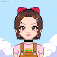 a pixel art of a girl wearing overalls and a pink shirt with a hamburger on it