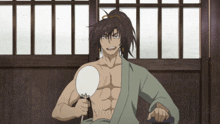 a shirtless anime character is holding a fan and smiling