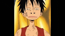 monkey d luffy from one piece is making a funny face while standing in front of a yellow background .