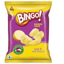 a bag of bingo salt sprinkled potato chips on a white background