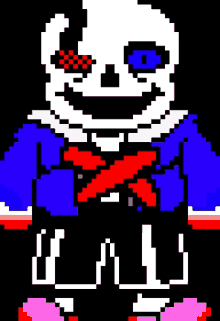 a pixel art of a skeleton with red eyes