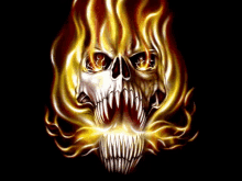 a skull with flames coming out of it 's eyes on a black background