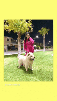 a woman in a pink sweatshirt is standing next to a white dog