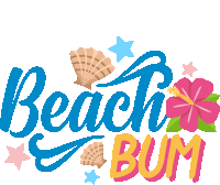 a colorful beach bum logo with seashells and stars