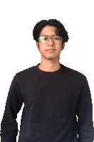 a young man wearing glasses and a black shirt stands in front of a white background