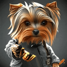 a yorkshire terrier is wearing a leather jacket and gloves